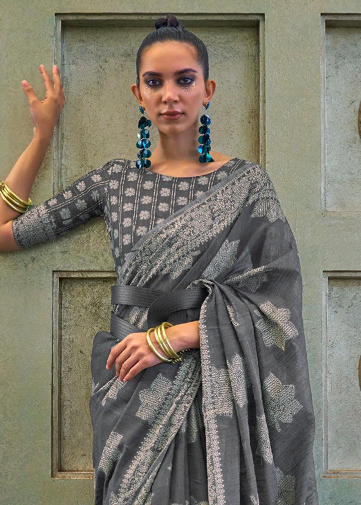 Mesmerising Gray Colored Printed Pure Soft Silk Saree - Ibis Fab