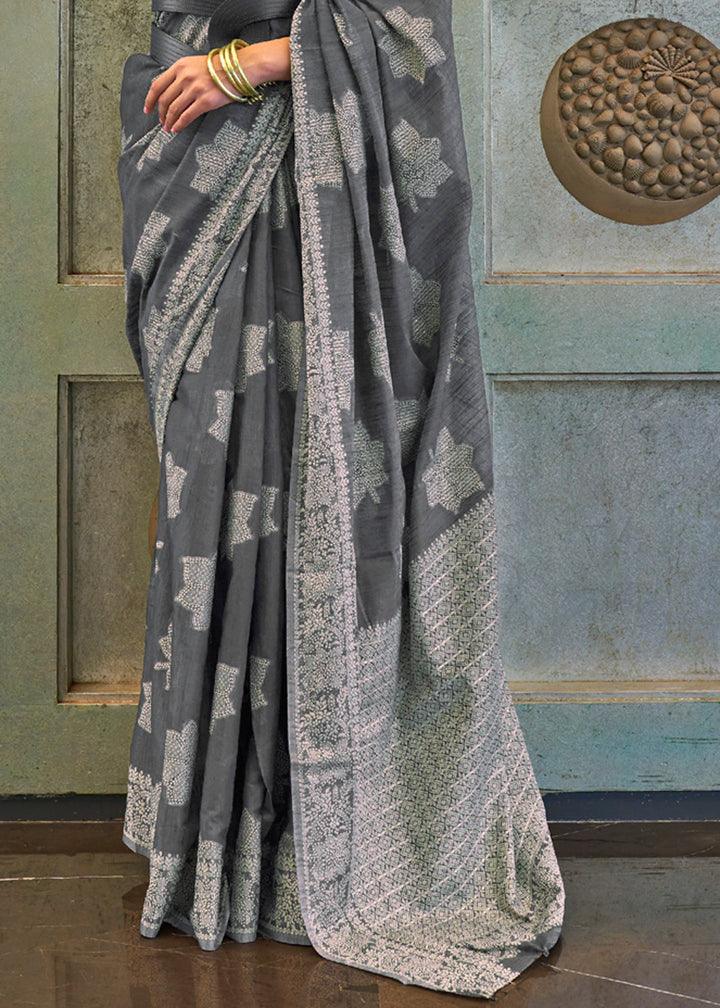 Mesmerising Gray Colored Printed Pure Soft Silk Saree - Ibis Fab