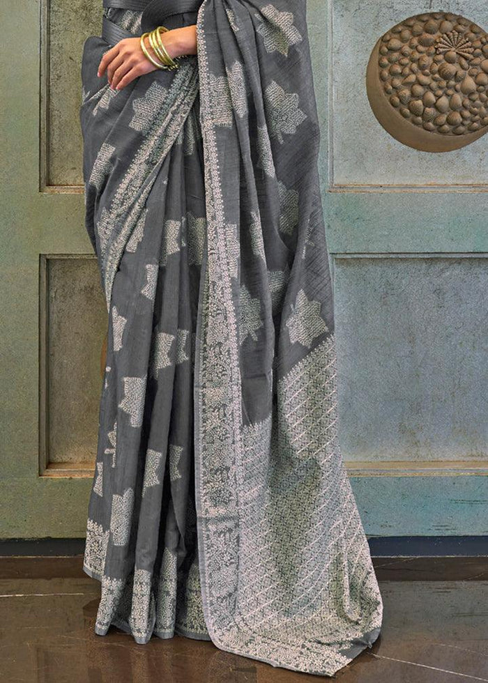 Mesmerising Gray Colored Printed Pure Soft Silk Saree