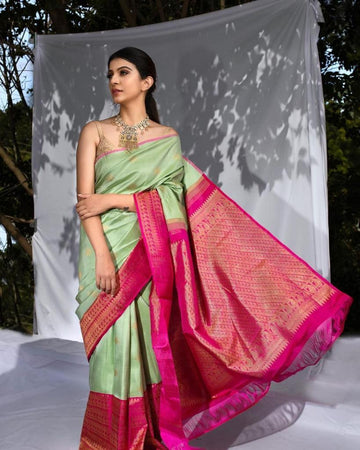 Mint Green Cotton Silk Ilkal Saree - Ibis Fab