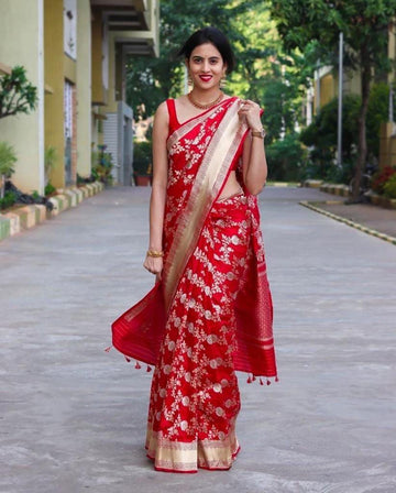 Mirchi Red Pure Lichi Silk Saree For Wedding Special