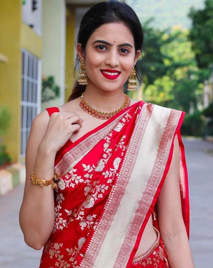 Mirchi Red Pure Lichi Silk Saree For Wedding Special