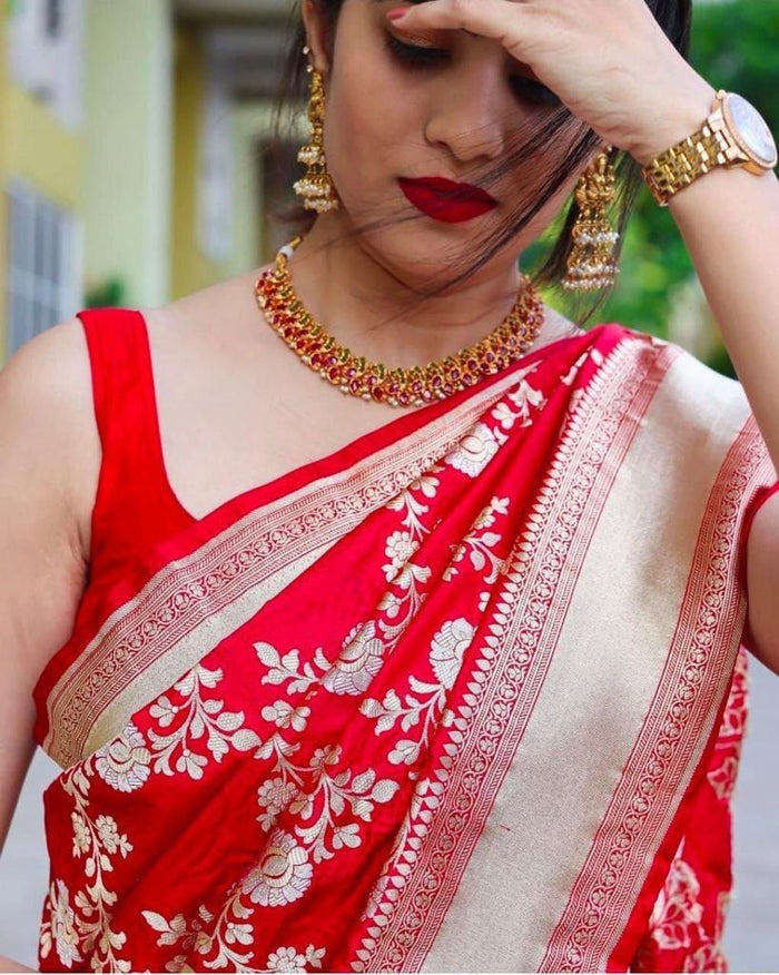 Mirchi Red Pure Lichi Silk Saree For Wedding Special