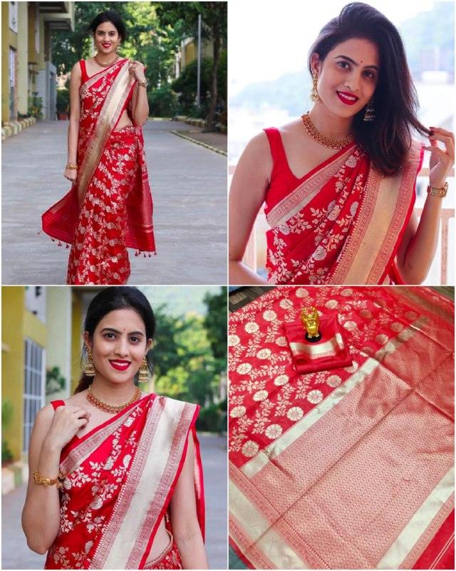 Mirchi Red Pure Lichi Silk Saree For Wedding Special