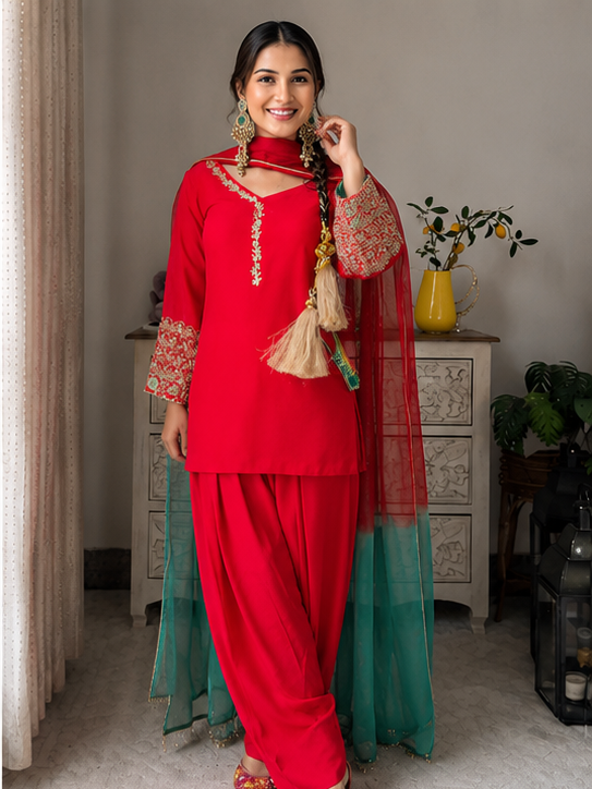 Red Embroidered Kurta Pant Set