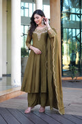 Olive Green Embroidered Suit Set with Dupatta