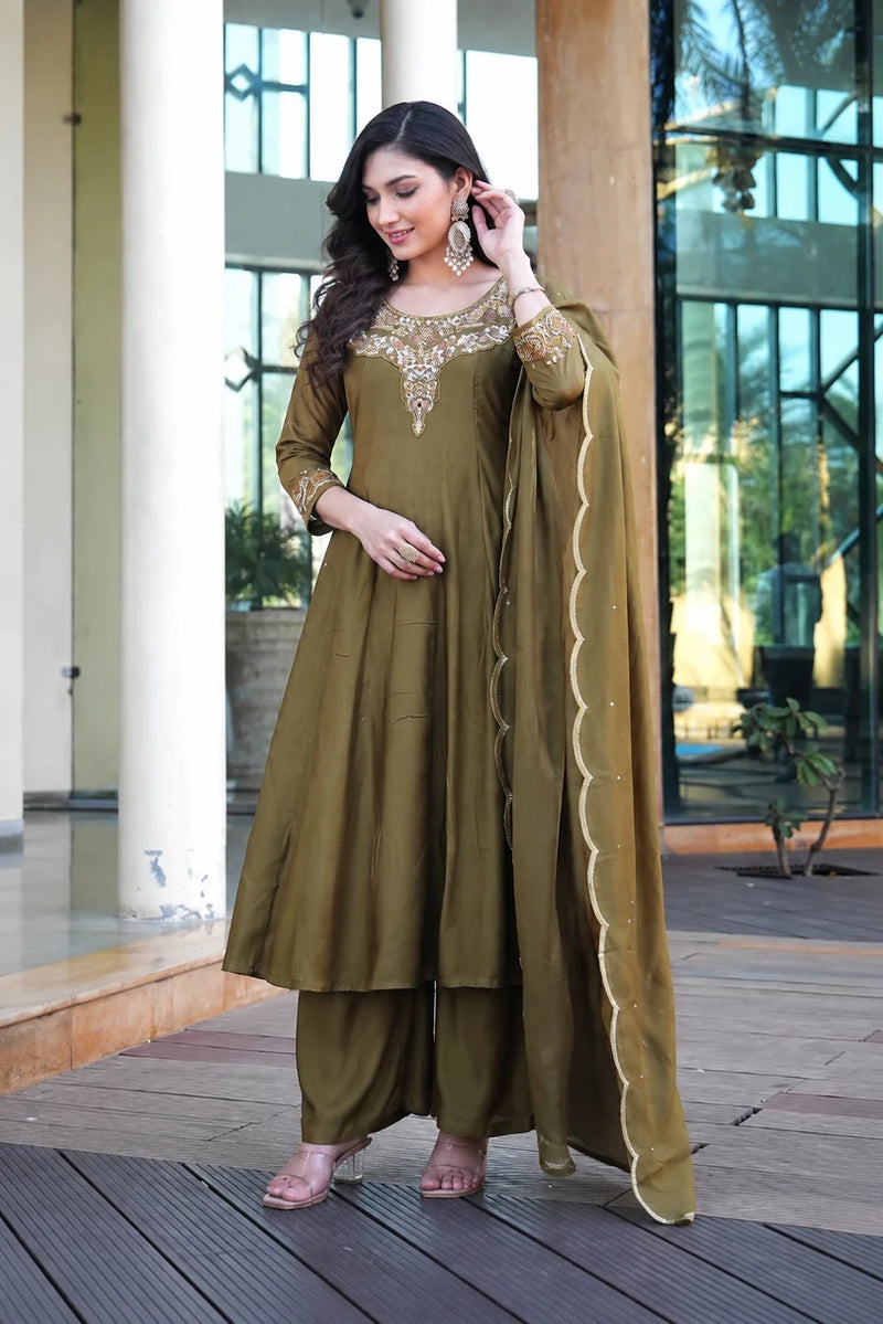 Olive Green Embroidered Suit Set with Dupatta