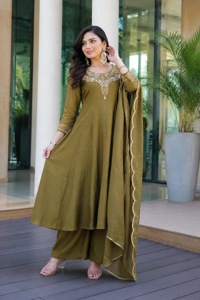 Olive Green Embroidered Suit Set with Dupatta