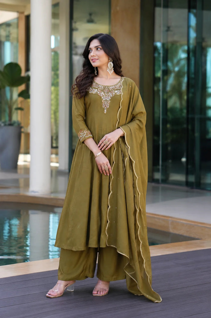 Olive Green Embroidered Suit Set with Dupatta