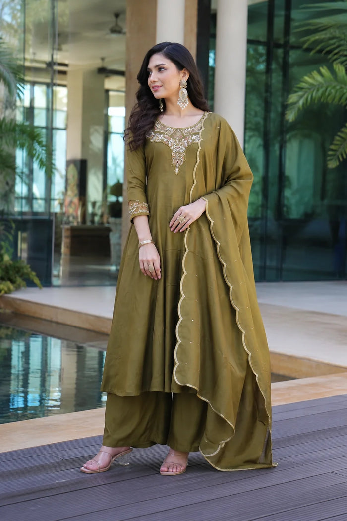 Olive Green Embroidered Suit Set with Dupatta