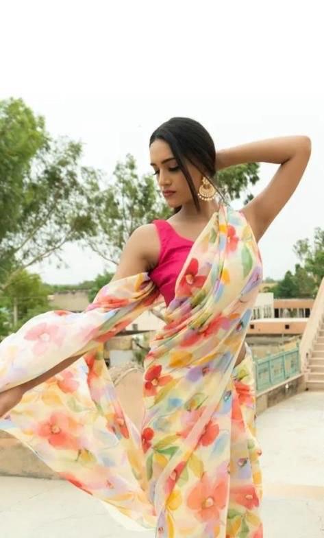 New Designer Printed Linen Saree - Ibis Fab