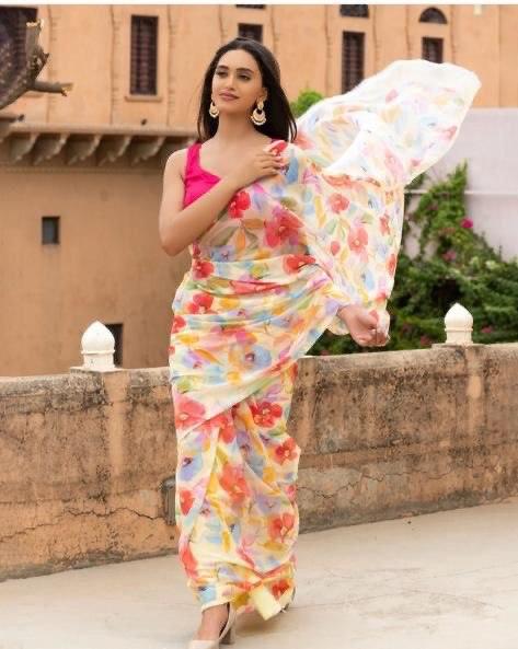 New Designer Printed Linen Saree - Ibis Fab