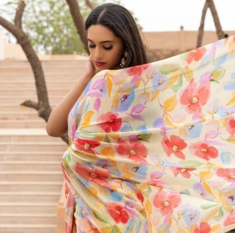 New Designer Printed Linen Saree - Ibis Fab