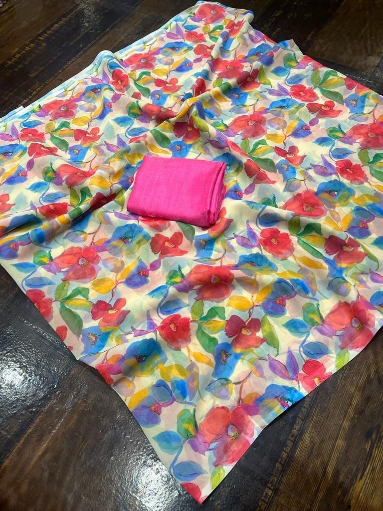 New Designer Printed Linen Saree - Ibis Fab