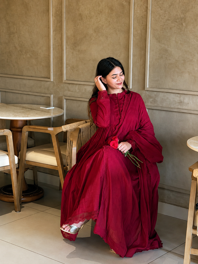 Elegant Wine Red Anarkali Suit Set with Dupatta