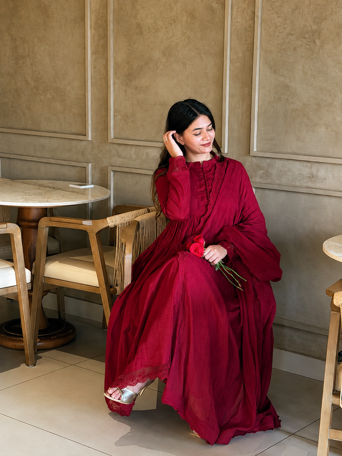 Elegant Wine Red Anarkali Suit Set with Dupatta