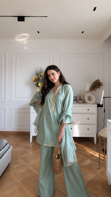 Sage Green Kurta Pant Dupatta Set