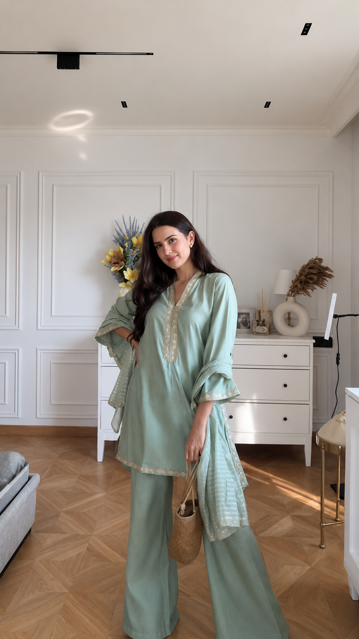 Sage Green Kurta Pant Dupatta Set