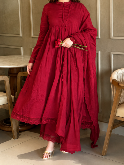 Elegant Wine Red Anarkali Suit Set with Dupatta