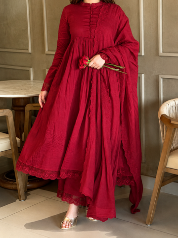 Elegant Wine Red Anarkali Suit Set with Dupatta