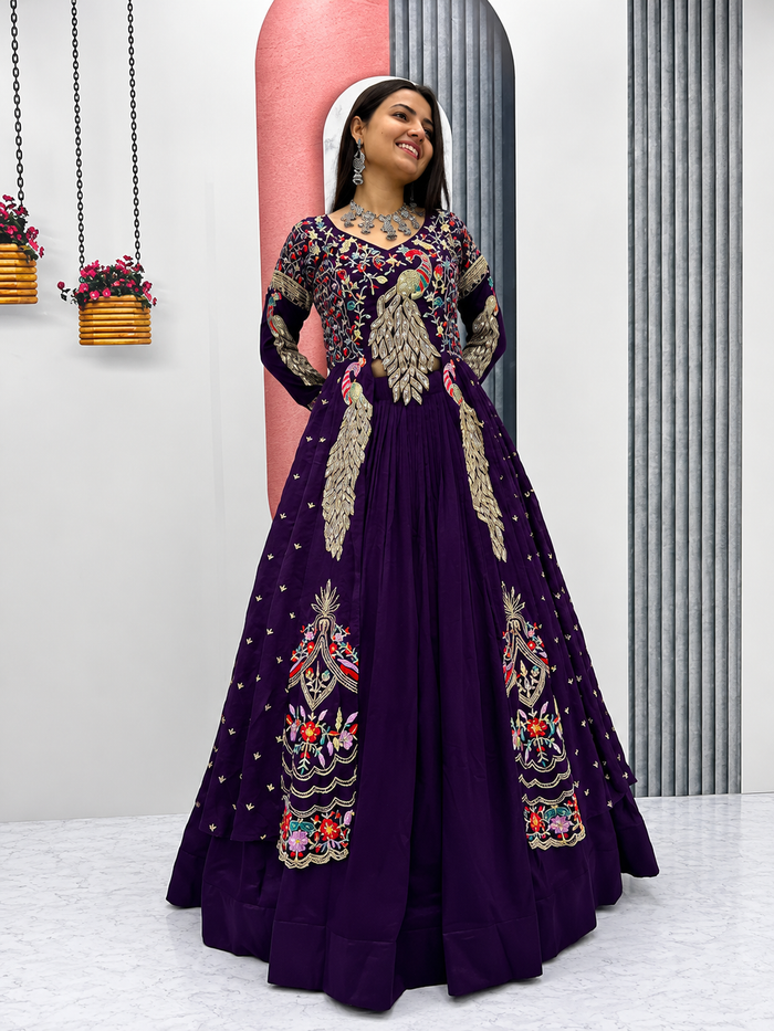 Royal Purple Vichitra Silk Embroidered Lehenga Choli Set