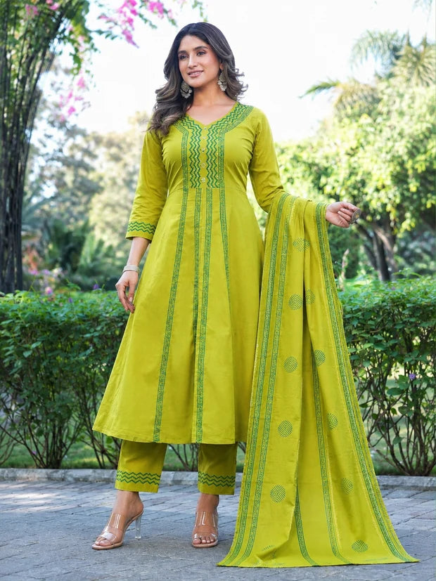 Lime Green Printed Kurta Pant Set
