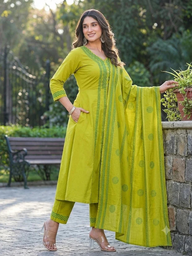 Lime Green Printed Kurta Pant Set
