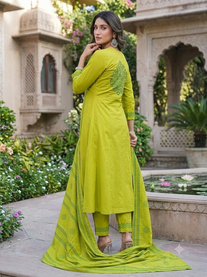 Lime Green Printed Kurta Pant Set