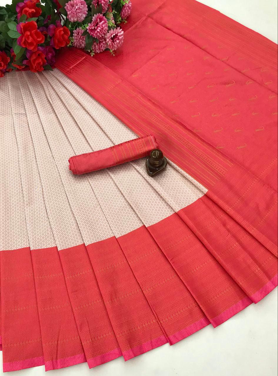 Off white & Pink jacquard banarasi silk saree - Ibis Fab