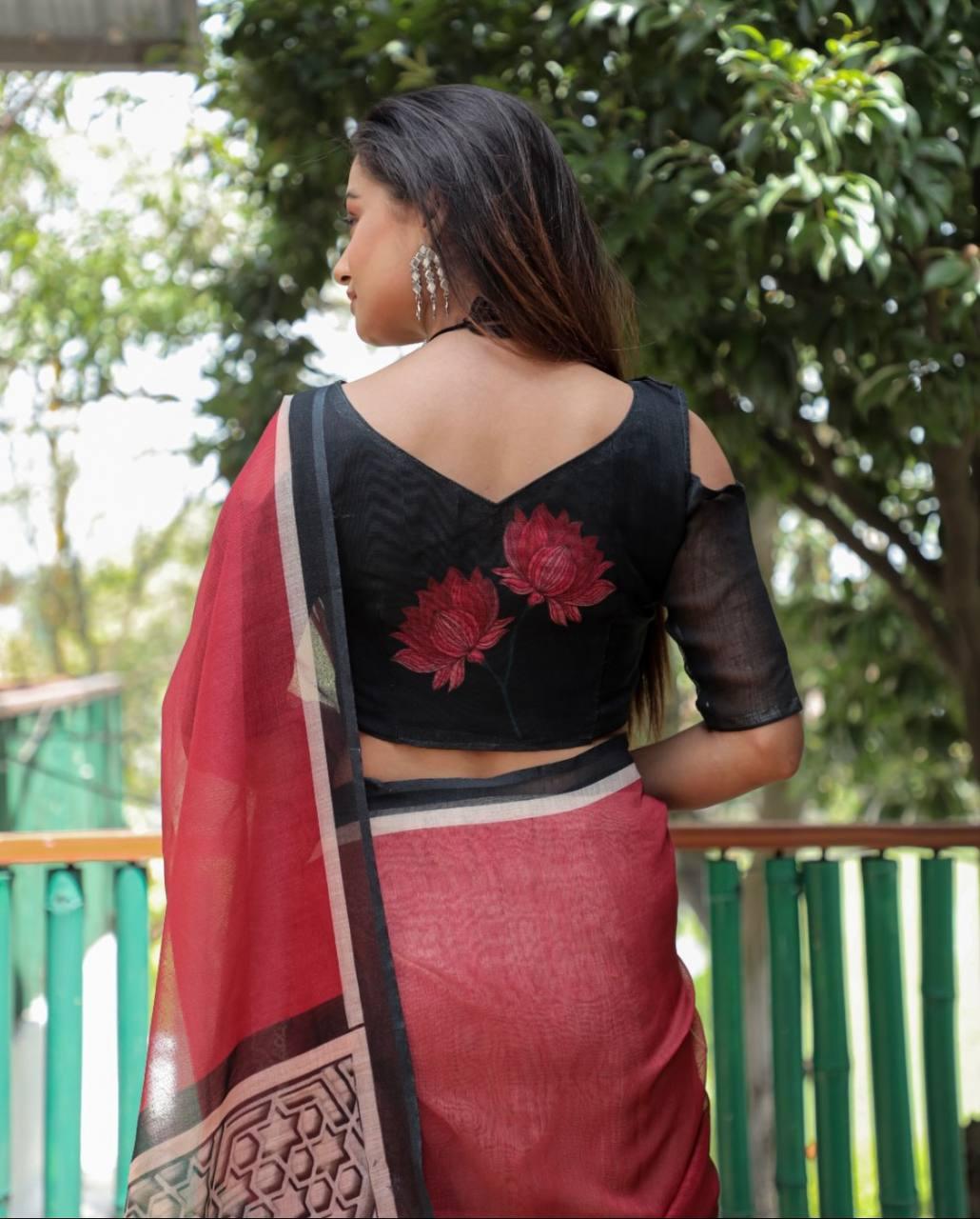 Off White And Red Digital Printed Linen Saree - Ibis Fab