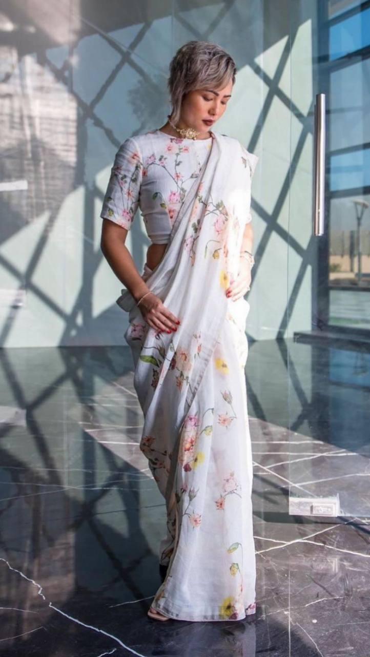 Off White Color Digital Printed Pure Linen Saree - Ibis Fab