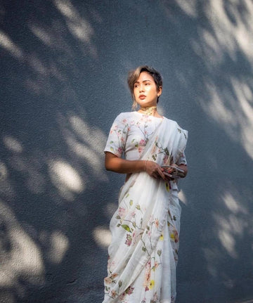 Off White Color Digital Printed Pure Linen Saree