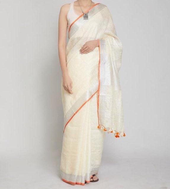 Off White Colour Women's Plain Linen Saree With Party Wear - Ibis Fab