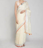 Off White Colour Women's Plain Linen Saree With Party Wear - Ibis Fab