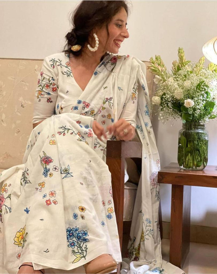 Off White Digital Printed Linen Latest Saree