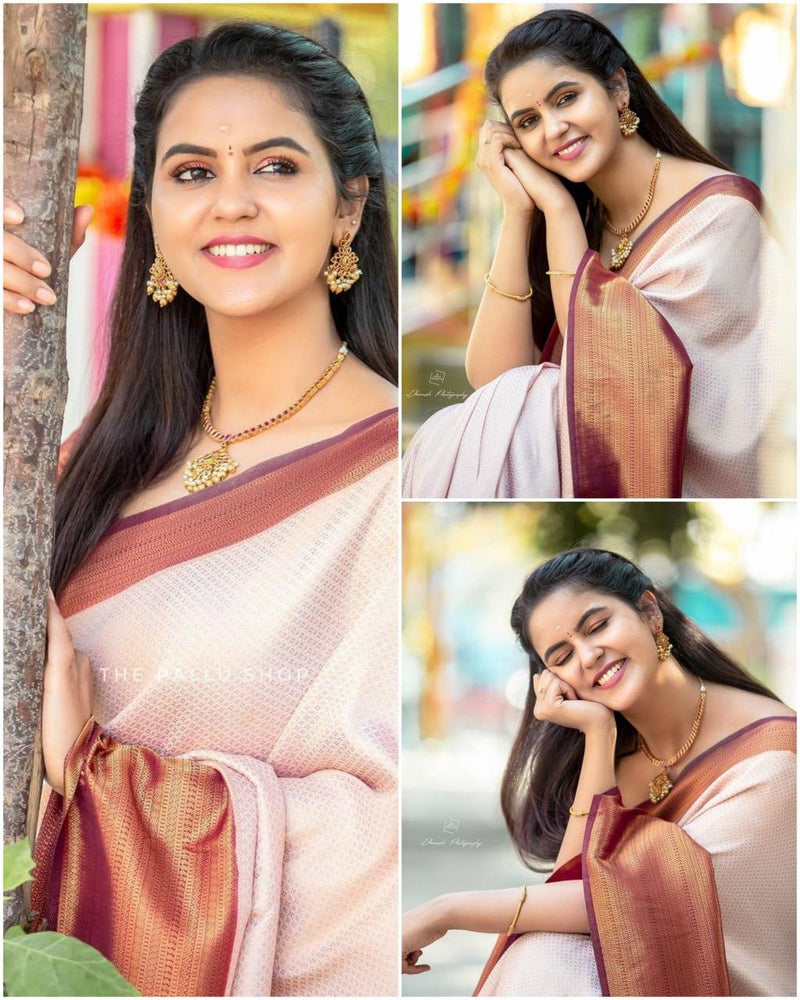 Off white jacquard weaving banarasi silk saree for wedding - Ibis Fab