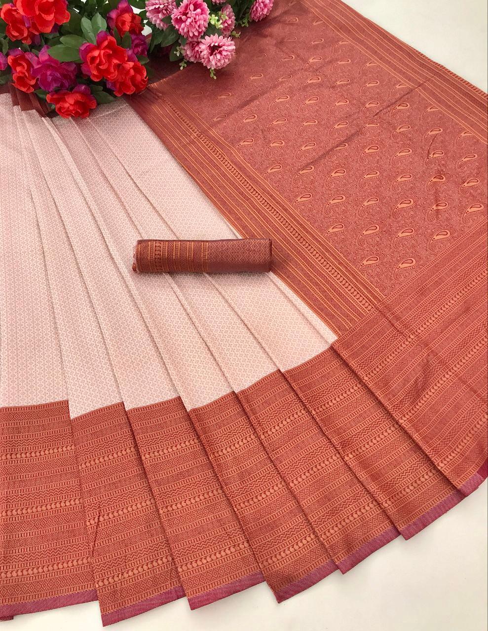 Off white jacquard weaving banarasi silk saree for wedding - Ibis Fab