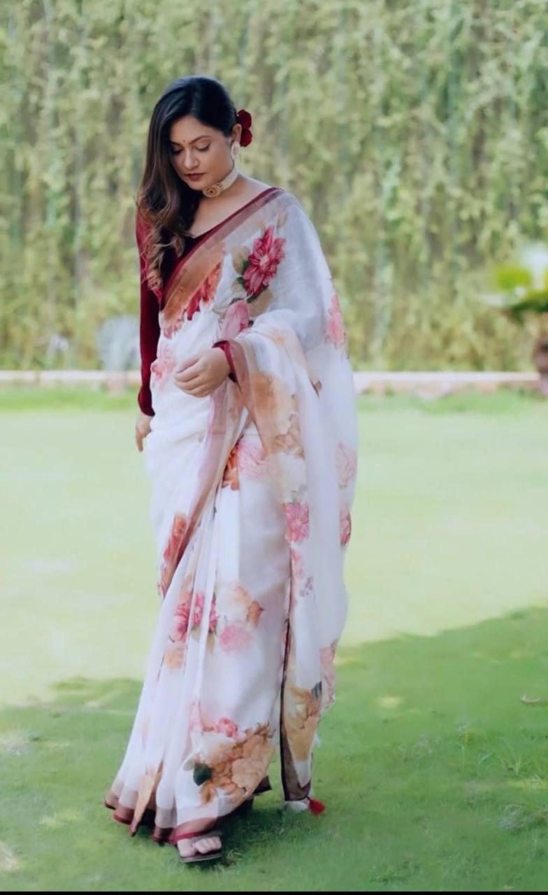 Off White Women's Silk Digital Printed Traditional Saree With Blouse - Ibis Fab