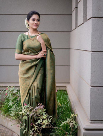 Olive Green Art Silk Jacquard Work Saree