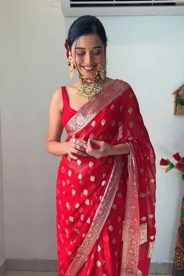 One Minute Ready To Wear Red Cotton Silk Saree