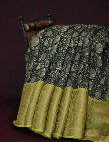 Opulent Dark Green Colored Cotton Linen Designer Printed Saree