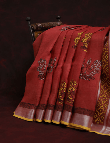 Opulent Red Colored Cotton Linen Designer Printed Saree