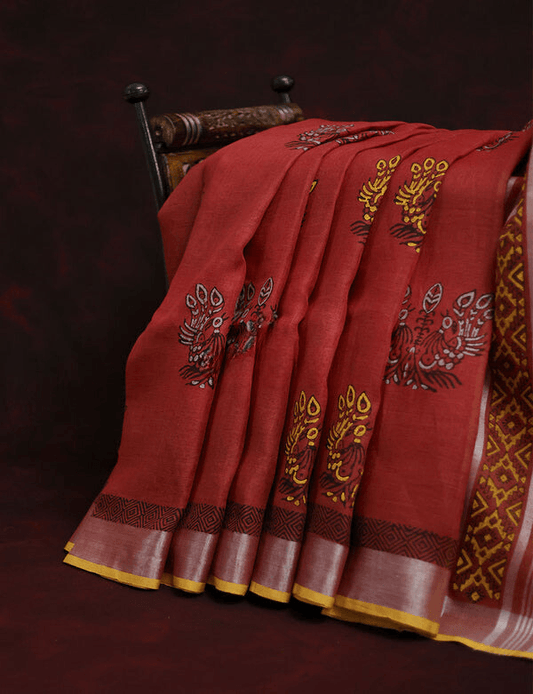 Opulent Red Colored Cotton Linen Designer Printed Saree - Ibis Fab