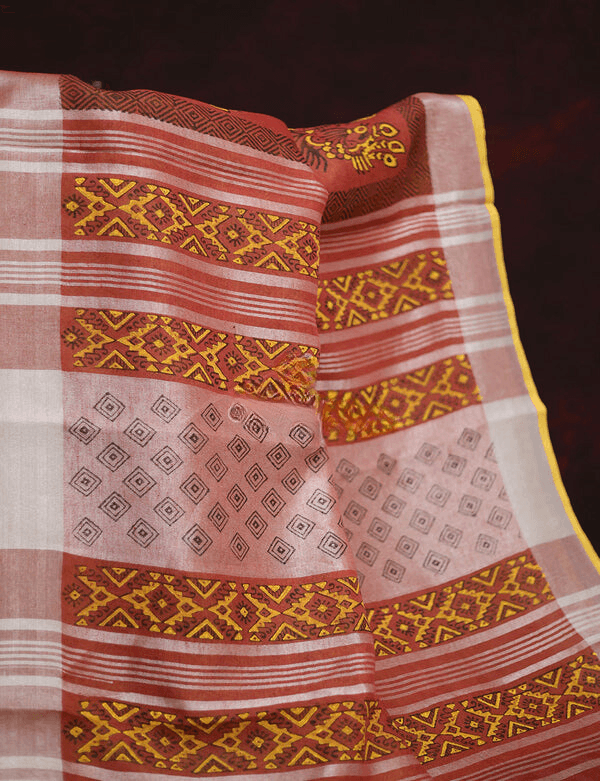 Opulent Red Colored Cotton Linen Designer Printed Saree - Ibis Fab