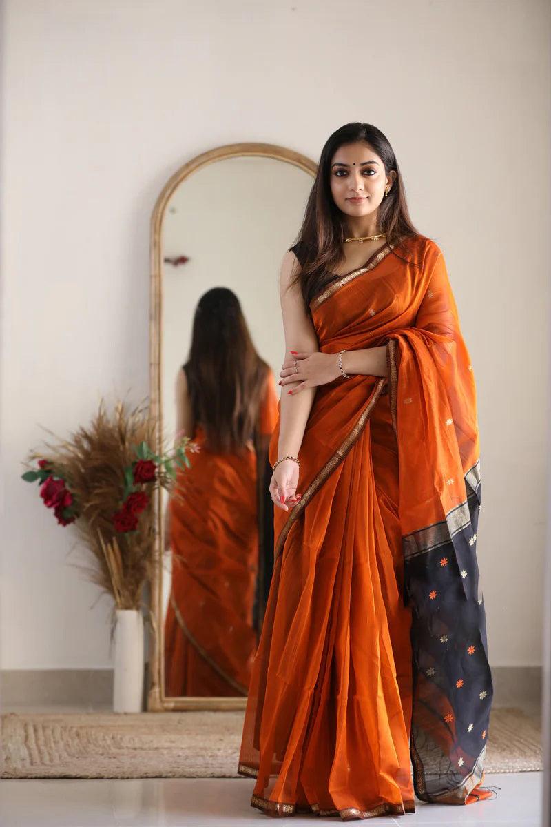 Orange Linen Silk jacquard Weaving Saree - Ibis Fab