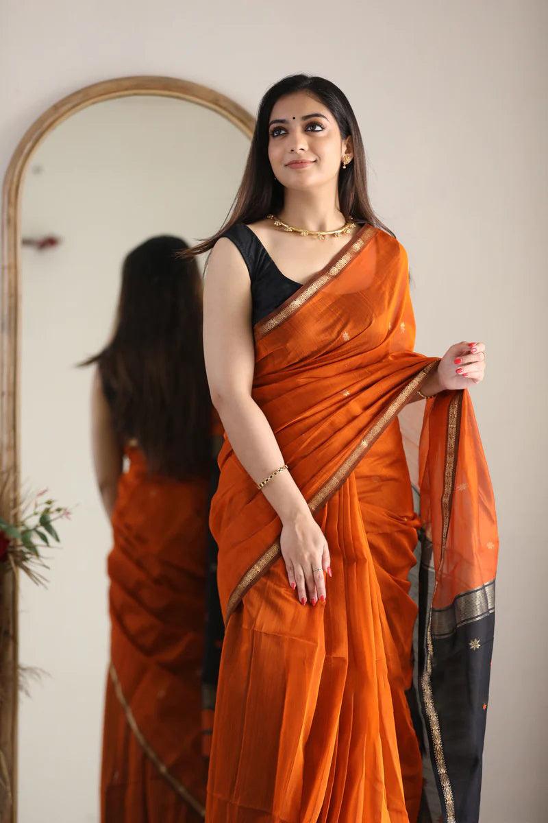 Orange Linen Silk jacquard Weaving Saree - Ibis Fab