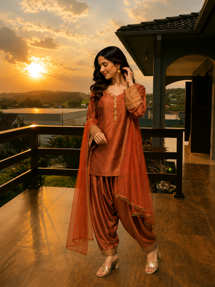 Copper Brown Embroidered Kurta Pant Set