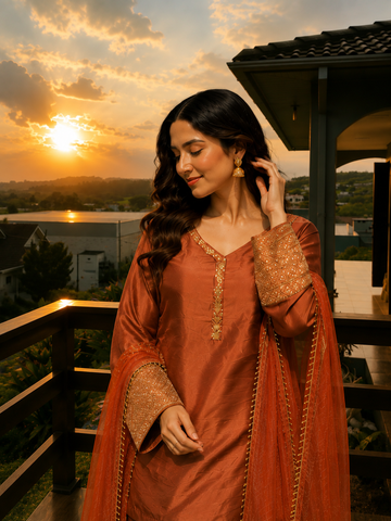 Copper Brown Embroidered Kurta Pant Set