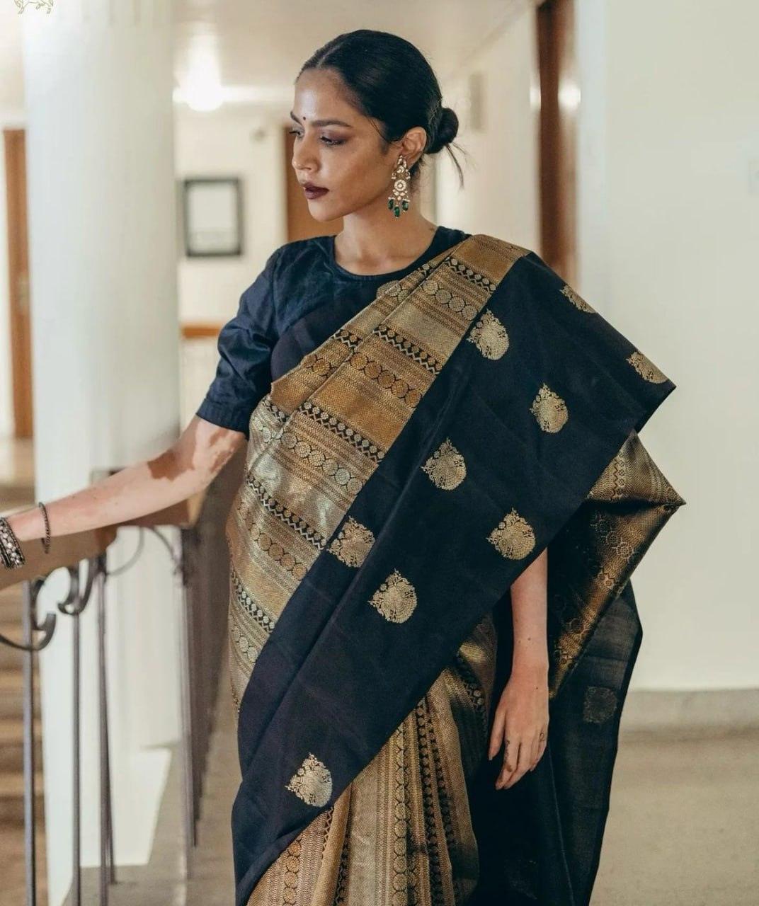 Ornate Black Soft Silk Saree - Ibis Fab