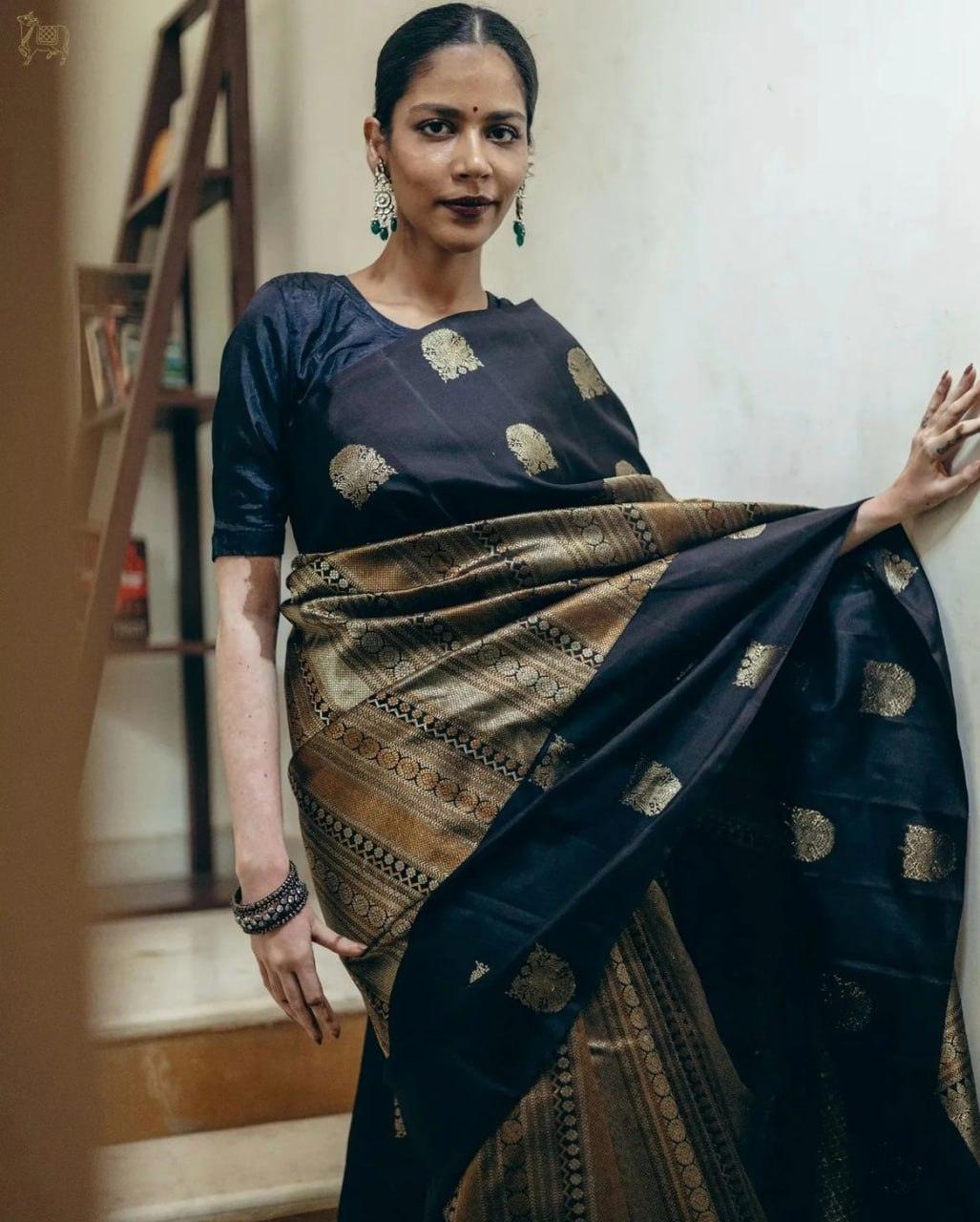 Ornate Black Soft Silk Saree - Ibis Fab